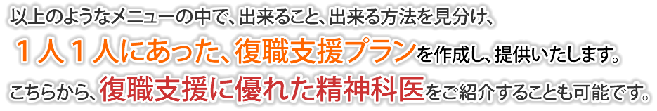 以上のようなメニューの中で、出来ること、出来る方法を見分け、１人１人にあった、復職支援プランを作成し、提供いたします。こちらから、復職支援に優れた精神科医をご紹介することも可能です。