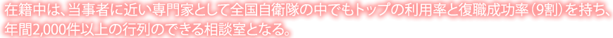 在籍中は、当事者に近い専門家として全国自衛隊の中でもトップの利用率と復職成功率（9割）を持ち、年間2,000件以上の行列のできる相談室となる。